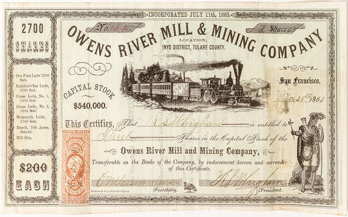 Owens River Mill & Mining Company stock certificate (Inyo District)